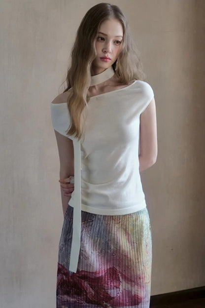 Milk White Asymmetrical Knit Top
