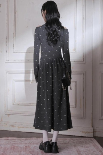 Off-the-Shoulder Knitted Bow Print Dress