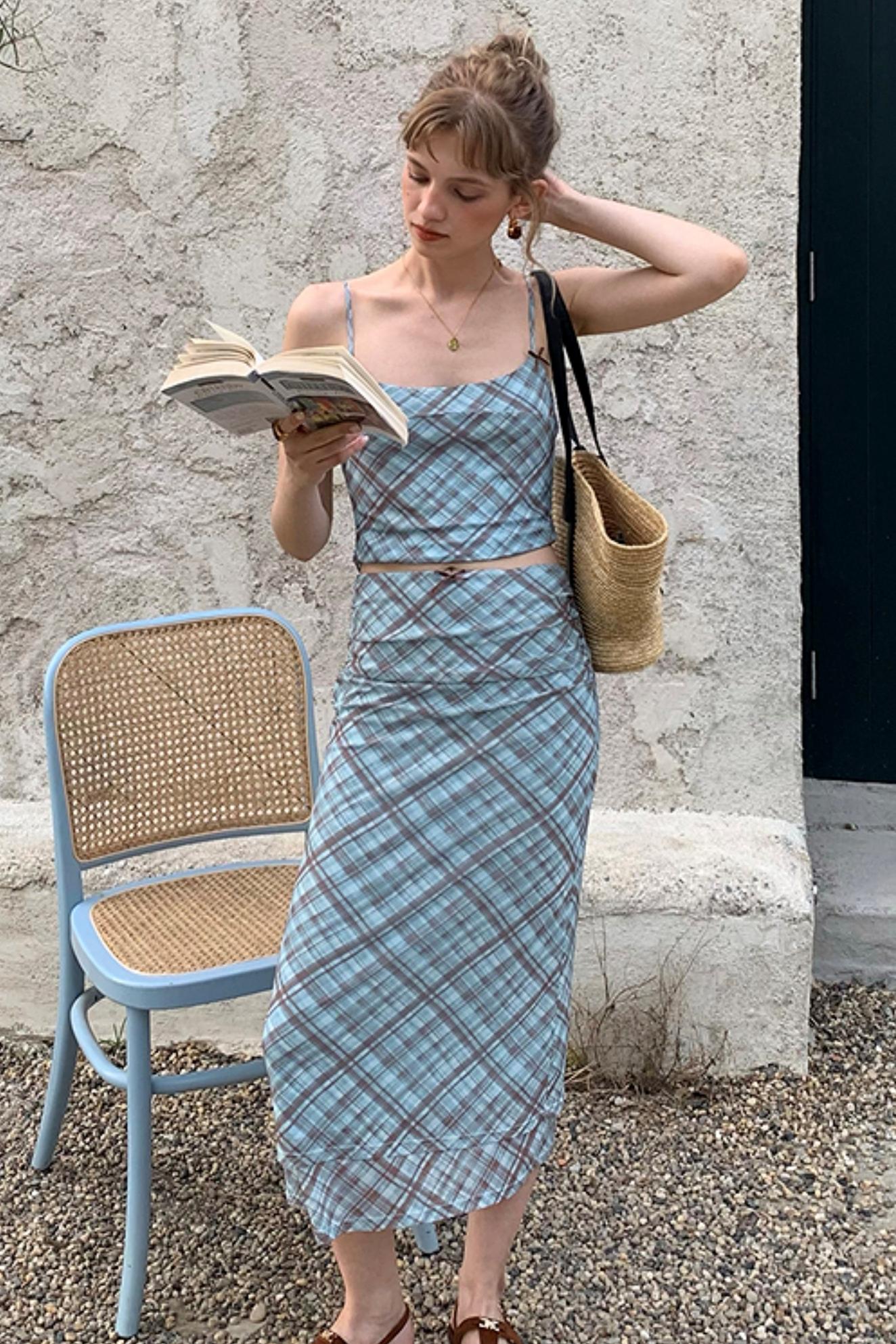 Vintage Checked Camisole Maxi Skirt Set-Up