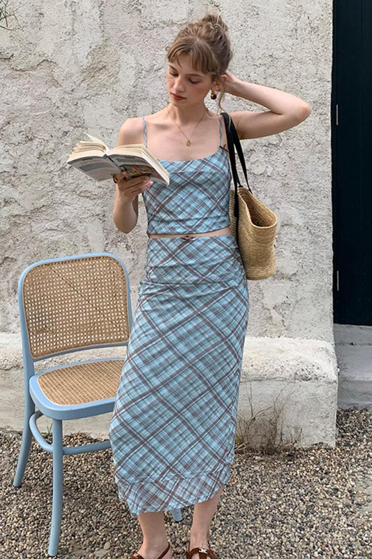 Vintage Checked Camisole Maxi Skirt Set-Up