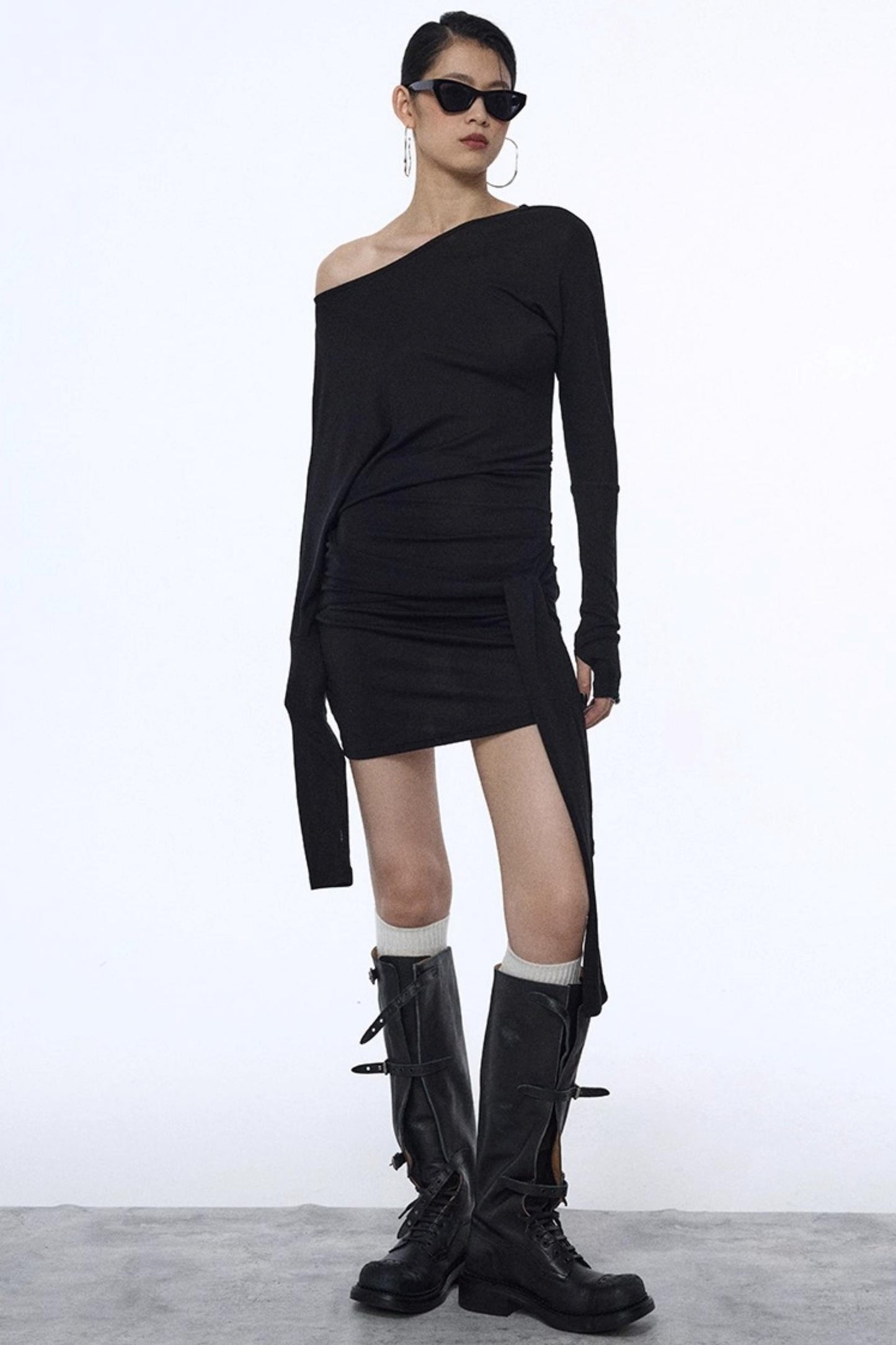 Pleated Strap Long-Sleeved Dress