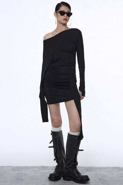 Pleated Strap Long-Sleeved Dress