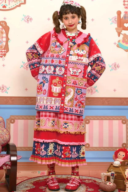 Rot-Marineblaue Jacquard-Strickjacke