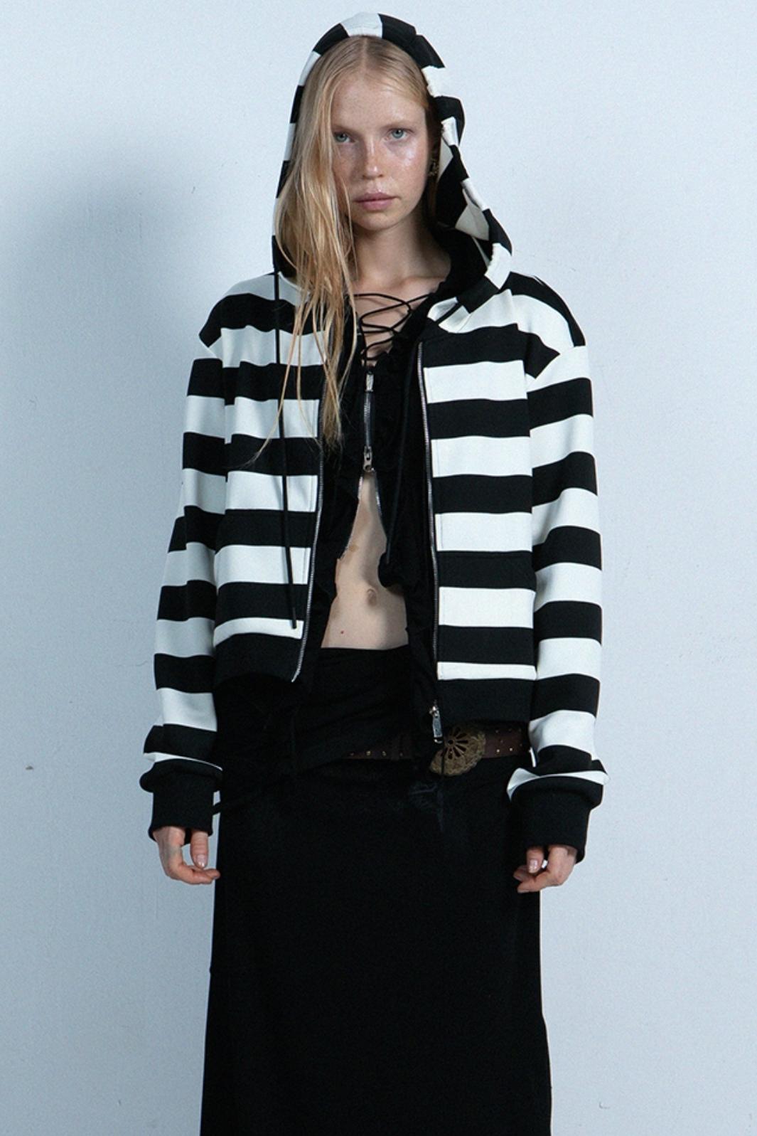 Contrast Stripe Zipper Cropped Sweatshirt