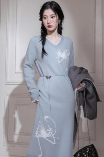 White Butterfly Blue Woolen Dress
