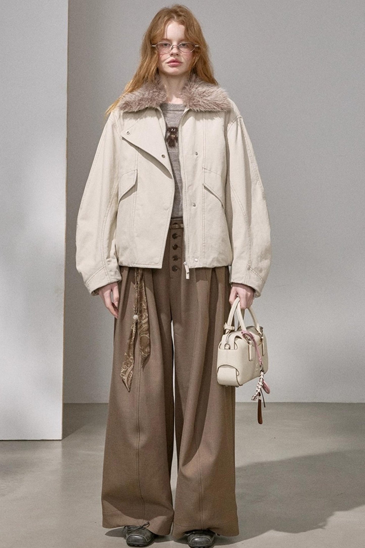 Curved Sleeve Fur Collar Jacket