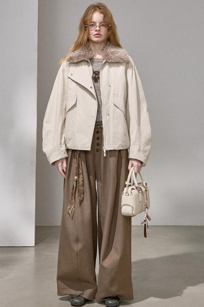 Curved Sleeve Fur Collar Jacket