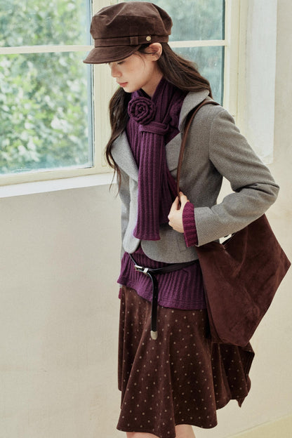 Purple Strip Knit Gray Woolen Jacket Set-Up