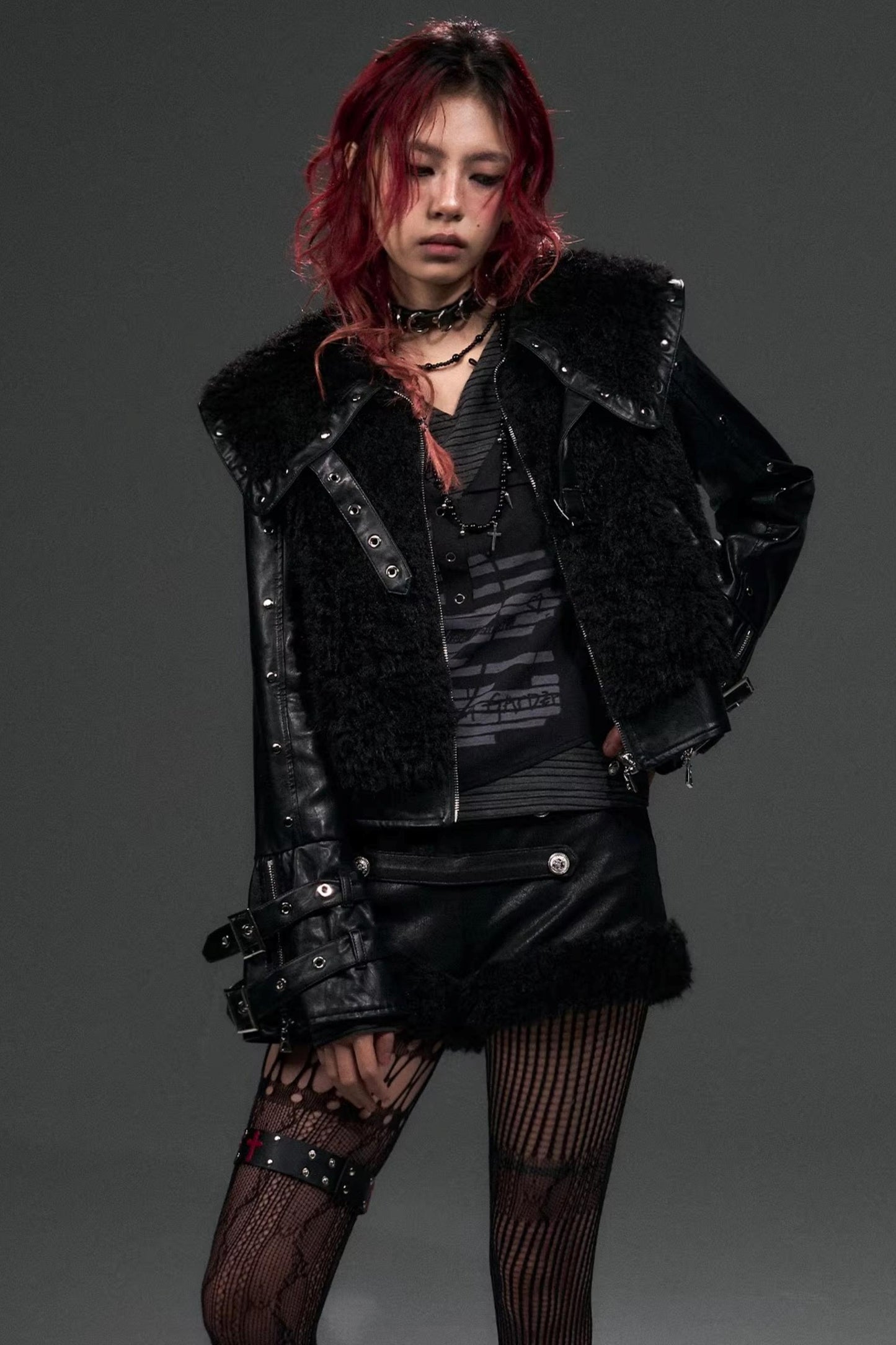 Dark Punk Studded Fur Jacket