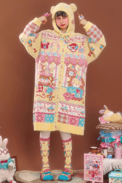 Gelber Kunstpelz-Kapuzenpullover-Strickjacke