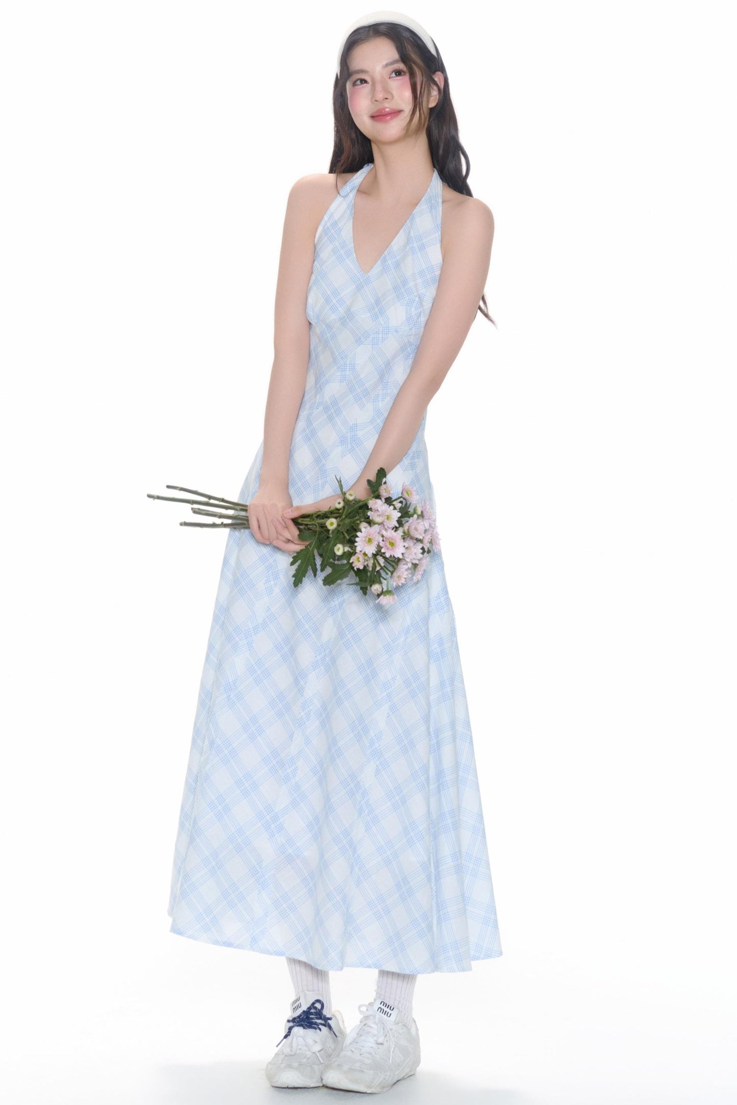 Plaid V-Neck Flutter Maxi Dress