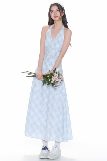 Plaid V-Neck Flutter Maxi Dress