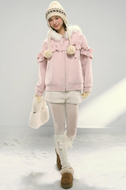 Lace Hooded Cotton Tweed Zip Jacket