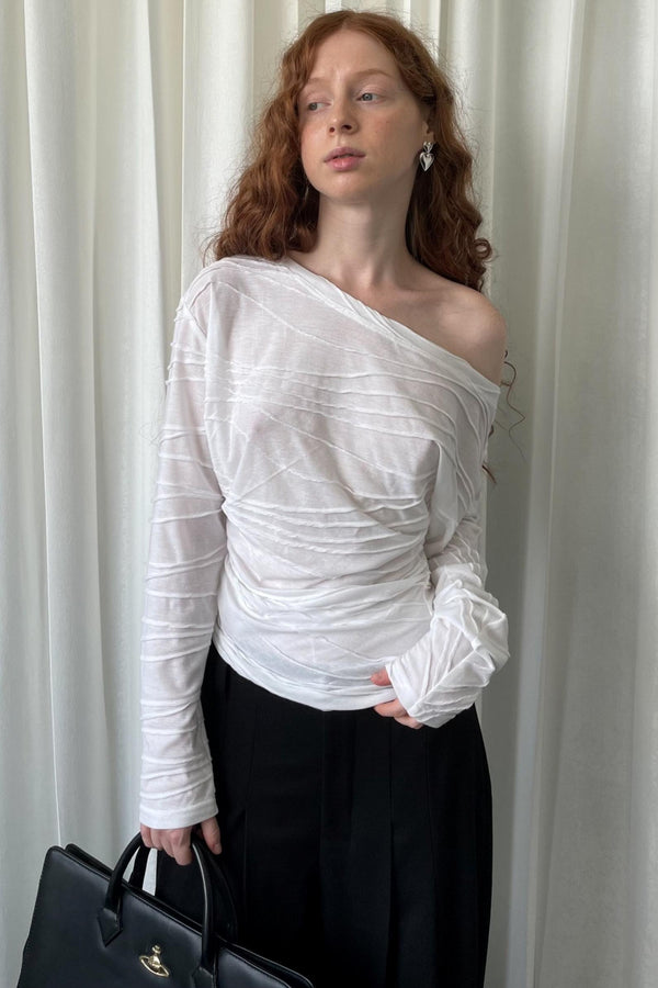 Pleated Slanted Shoulder Slimming Top