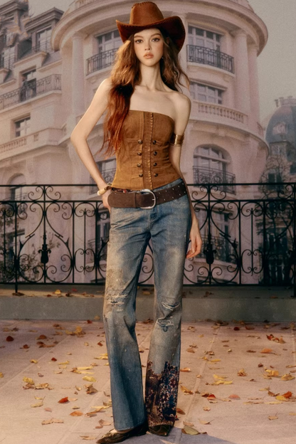 Vintage Pattern Flared Denim Pants