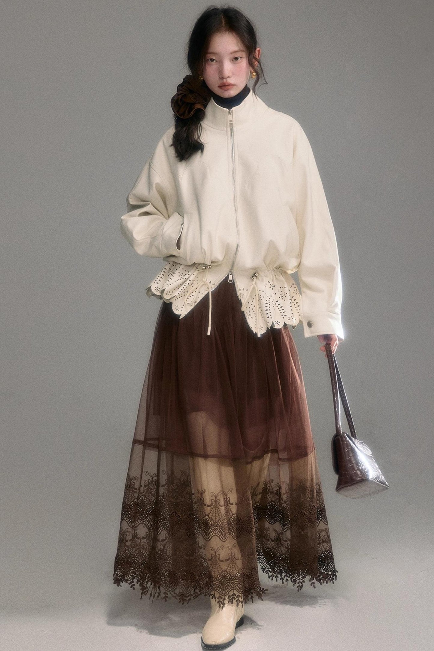 Hollow-Out Floral Leather Jacket