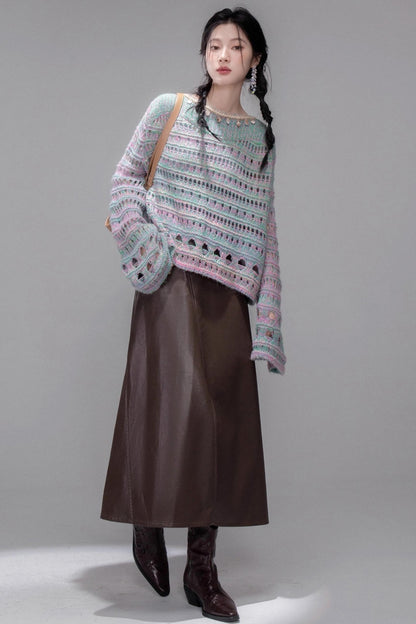 Rich and Crafty Brown Slit Leather Skirt