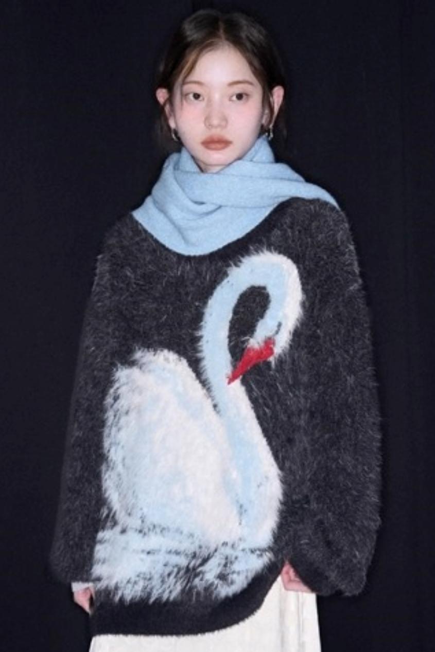Moonlight Swan Faux Velvet Sweater