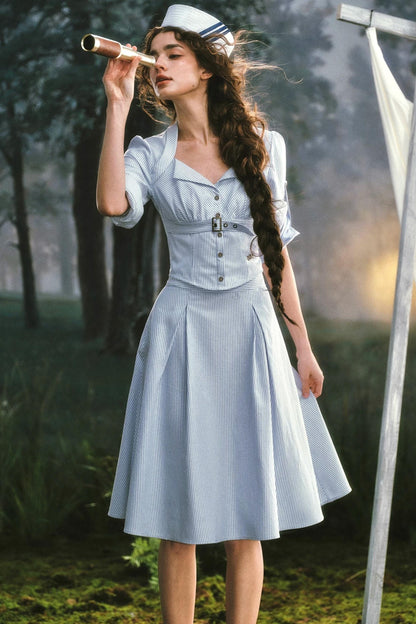 French Old Money Blue Shirt Skirt Set-Up