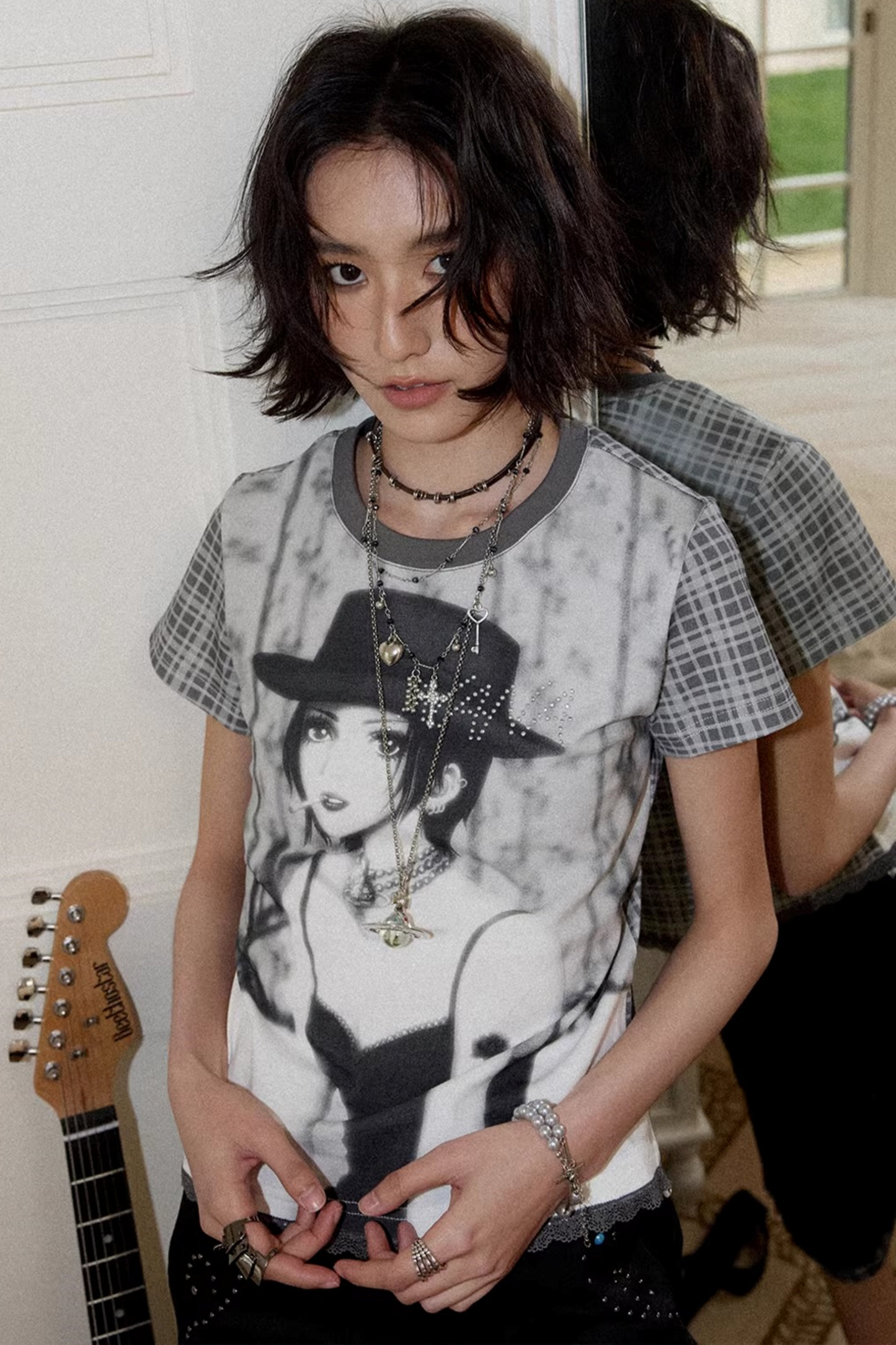 Portrait Plaid Rhinestone Top