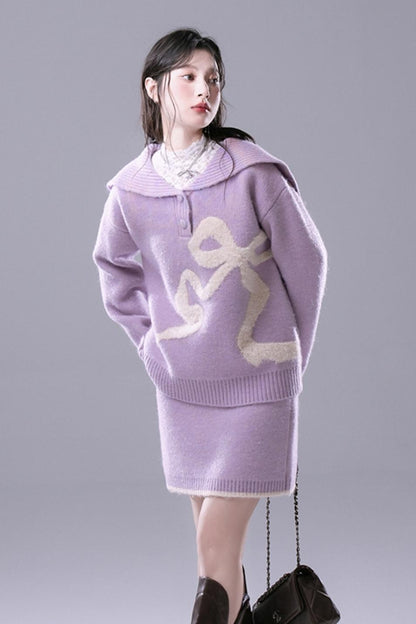 Grape Purple Bow Jacquard Sweater Set