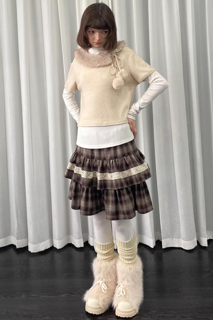 Coffee Plaid Patchwork Puffy Skirt