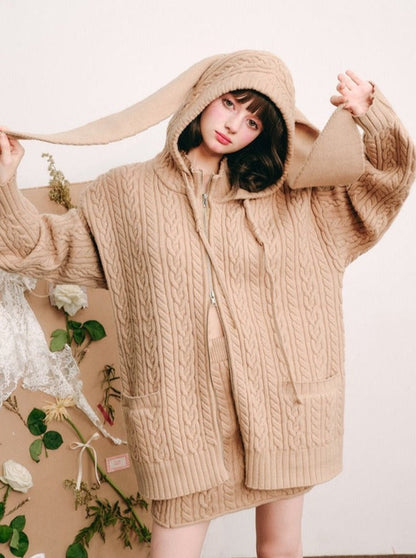 Bunny Ears Hooded Knitted Jacket Set