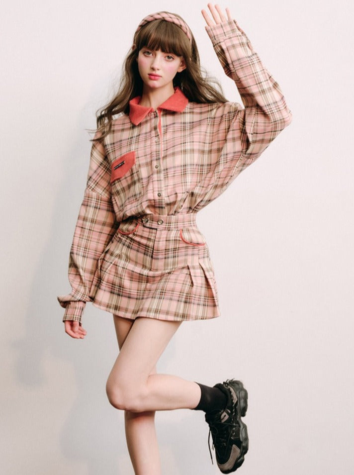 Plaid coat and skirt sets