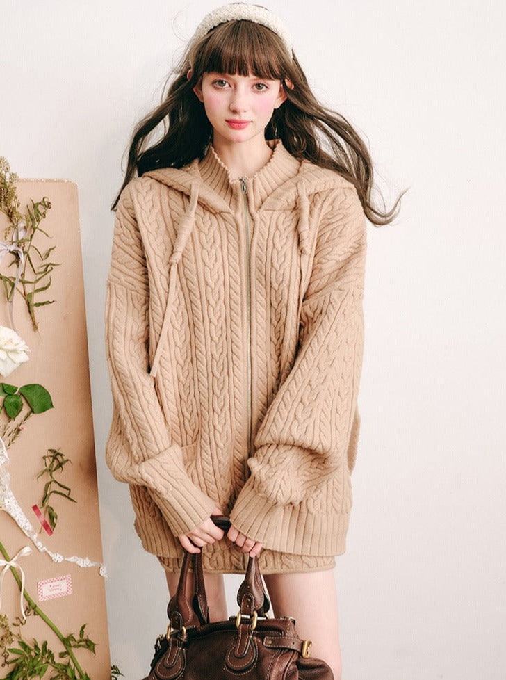 Bunny Ears Hooded Knitted Jacket Set