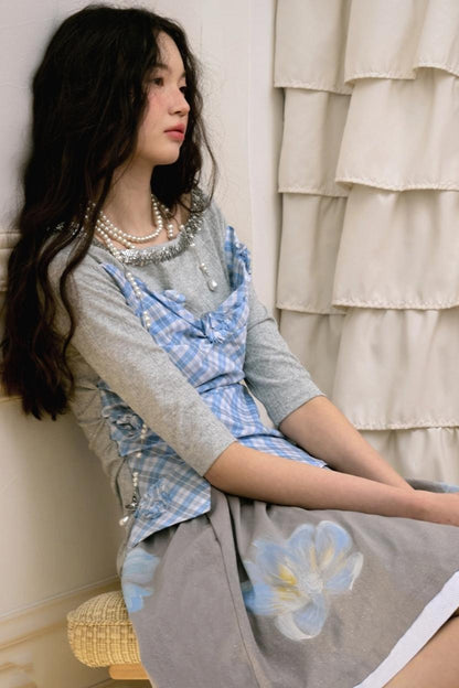 Gray Blue Plaid Knit Top