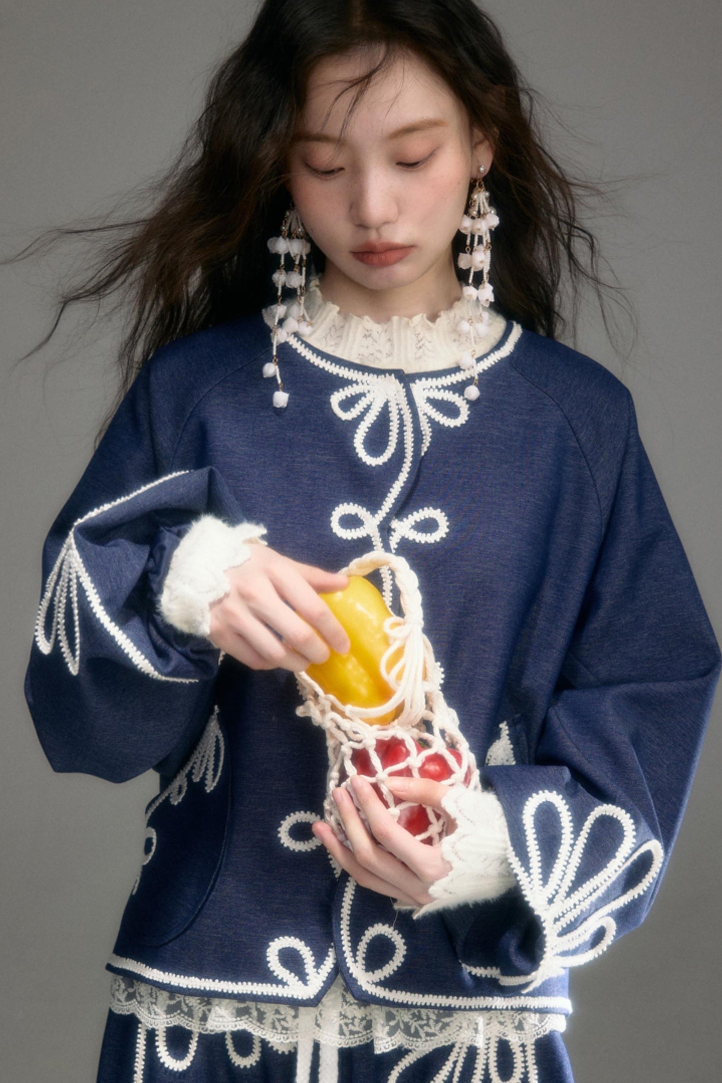 Vintage Embroidery Denim Cardigan Pants Set-Up