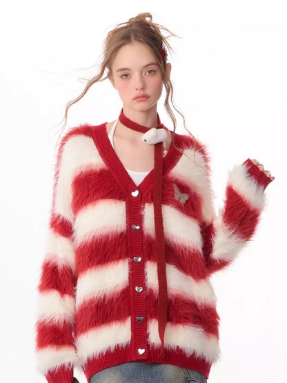 Sticky Chunky Red Striped Knit Sweater Cardigan