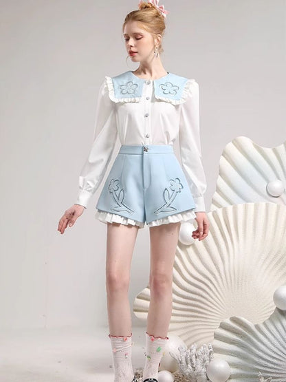 Sweet doll collar hollow embroidery two-piece set