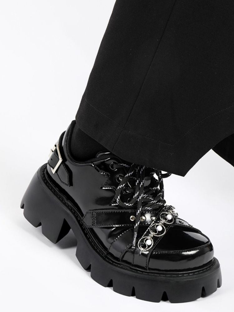 Chain Buckle Belt Lace Up Platform Shoes