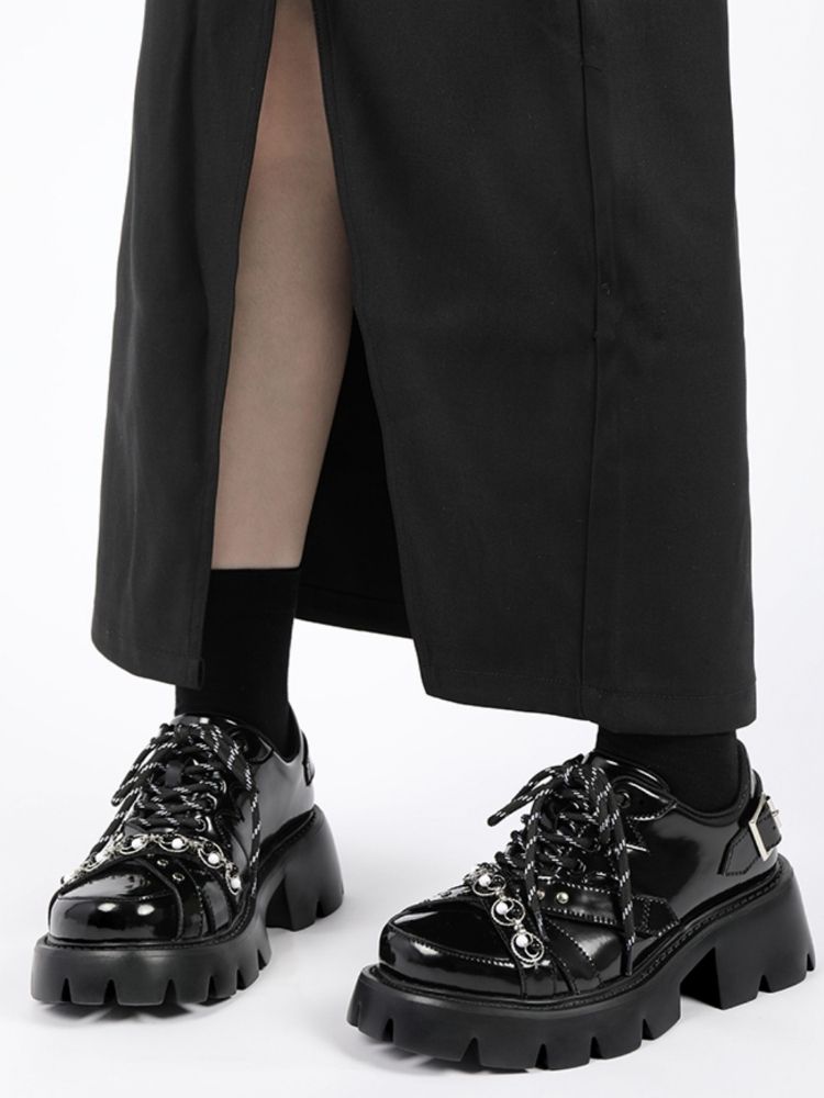 Chain Buckle Belt Lace Up Platform Shoes