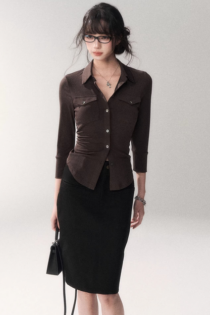 Mid-Sleeve Waist-Cinching Blouse