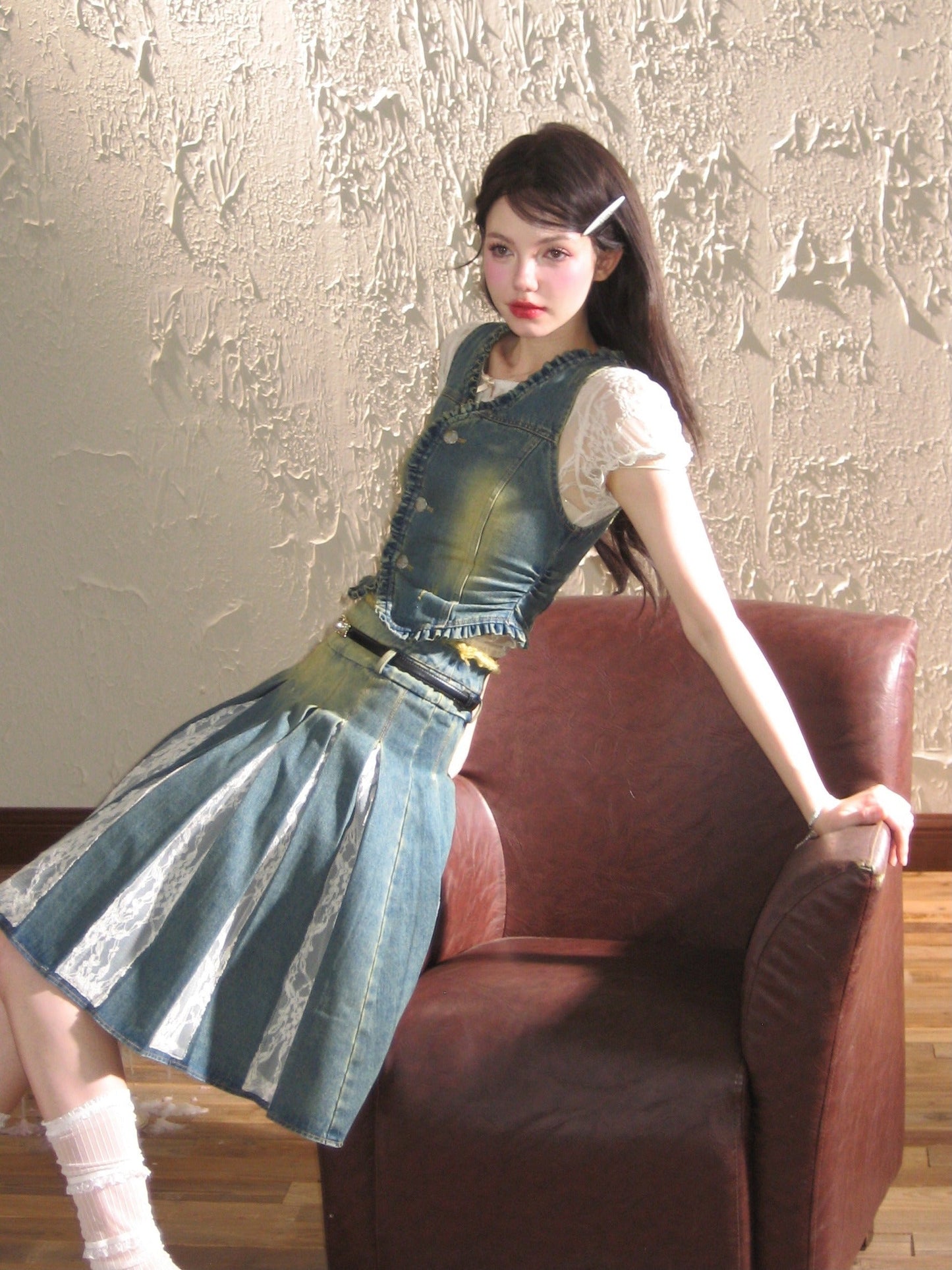 Vintage lace denim vest top pleated skirt Set