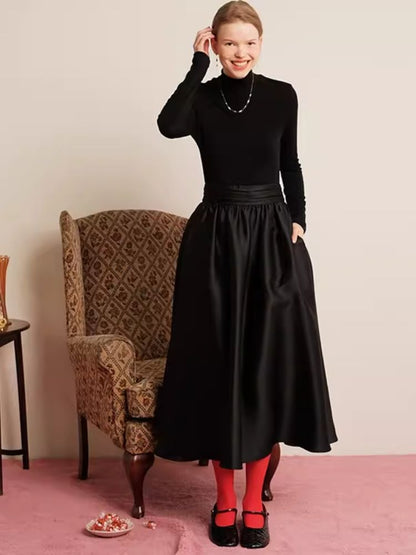 Knit Patchwork Satin Cocktail Black Maxi Dress