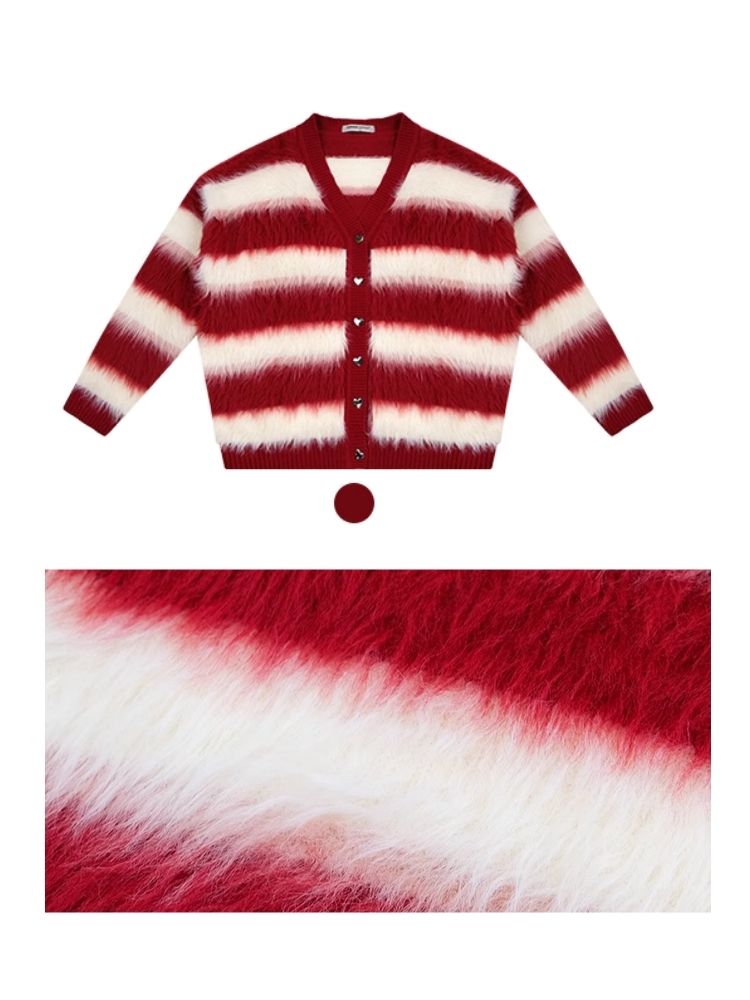 Sticky Chunky Red Striped Knit Sweater Cardigan