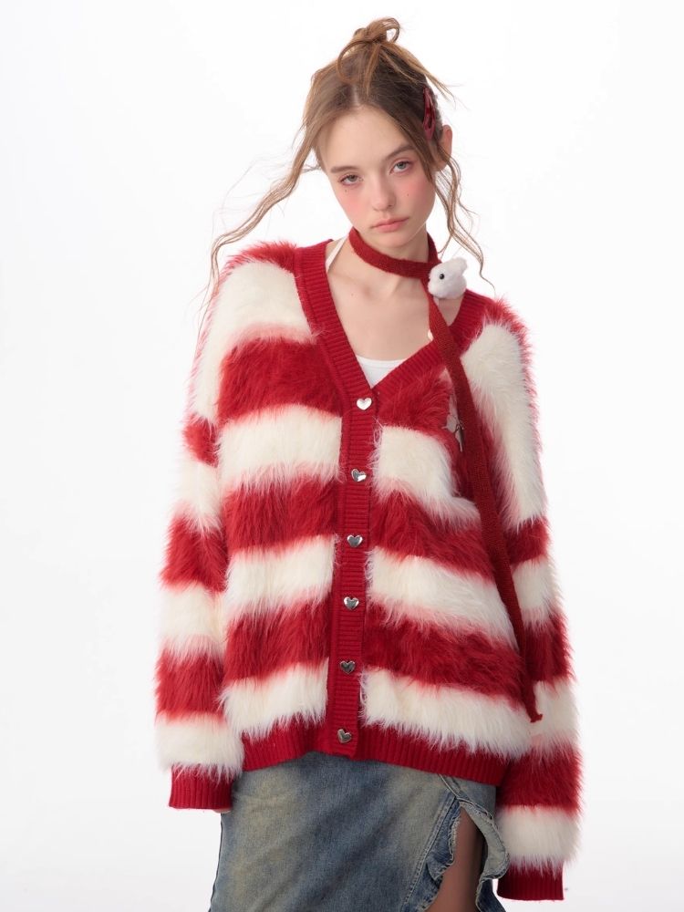 Sticky Chunky Red Striped Knit Sweater Cardigan