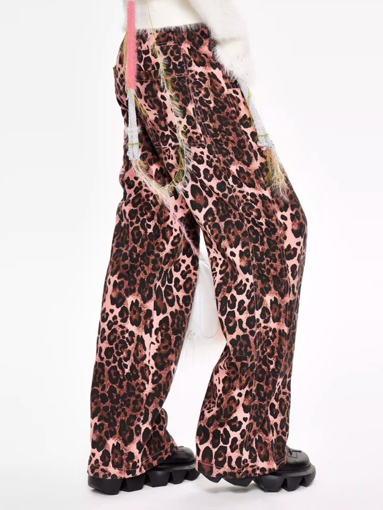 Pink leopard print wide leg pants