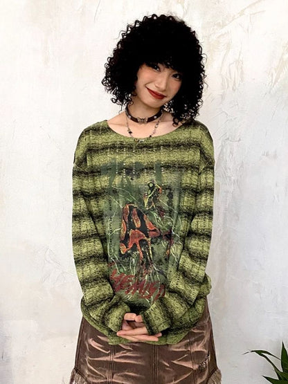 Hole Breaking Printed Long Sleeve Loose T-Shirt