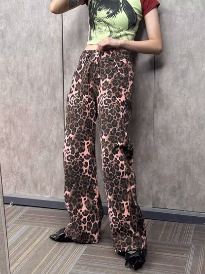 Pink leopard print wide leg pants