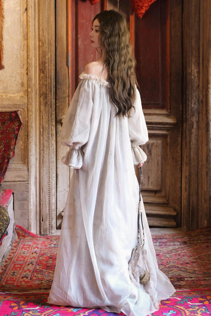 French Romantic Lace Neck Long Dress