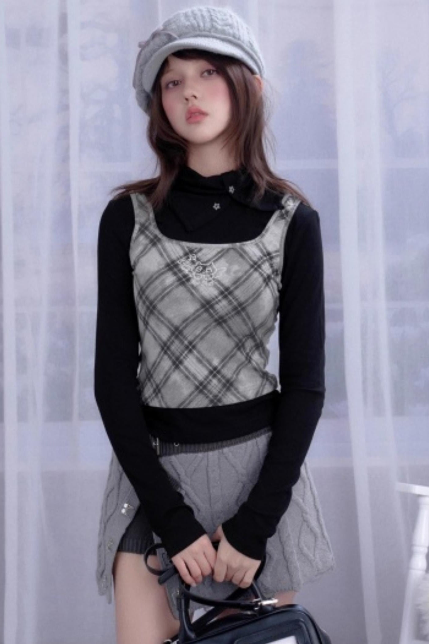 Retro Plaid Turtleneck Fake Two-Piece Top