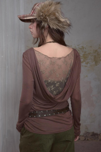 Spliced Long Sleeve Swing Collar T-Shirt