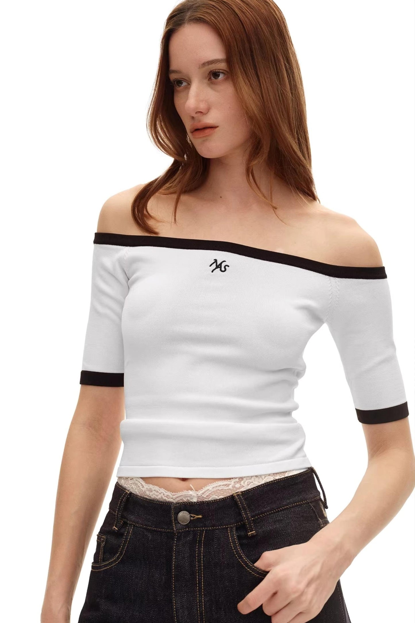 Off-Shoulder Contrast Knit Top