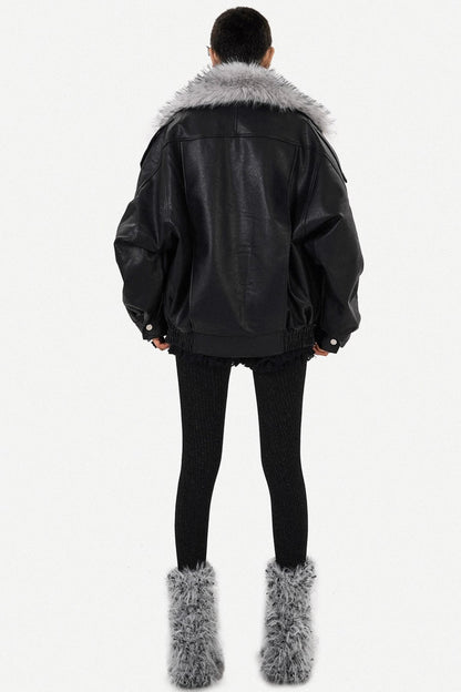 Thickened Pu Leather Fur Collar Jacket
