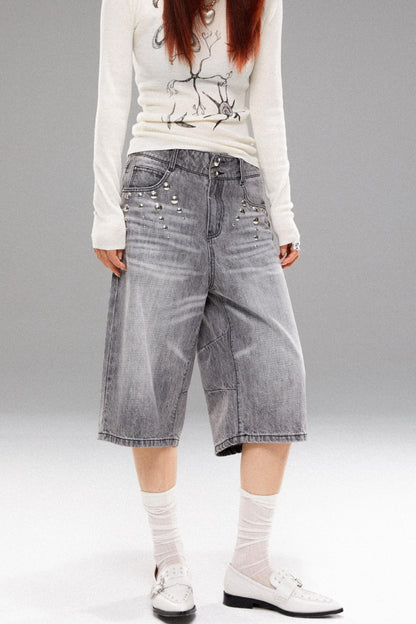 Metal Stud Denim Mid Pants