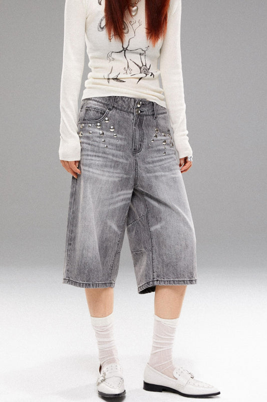 Metal Stud Denim Mid Pants